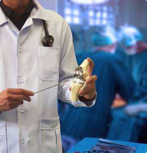 doctor holding a model of knee joint