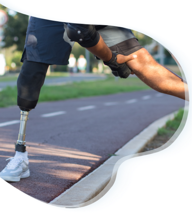 Active sportsman with prosthesis in left leg , doing stretching exercise at stadium before running